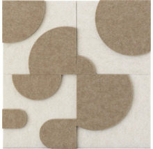 Akoestisch wandpaneel van vilt met geometrisch reliëfpatroon van beige cirkels en halve cirkels.