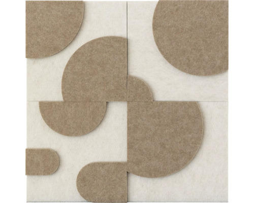 Akoestisch wandpaneel van vilt met geometrisch reliëfpatroon van beige cirkels en halve cirkels.