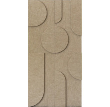 Akoestisch paneel van vilt in beige met een geometrisch 3D-patroon van cirkels en rondingen.