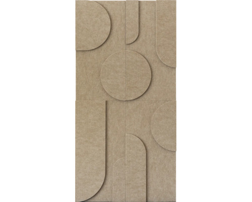 Akoestisch paneel van vilt in beige met een geometrisch 3D-patroon van cirkels en rondingen.