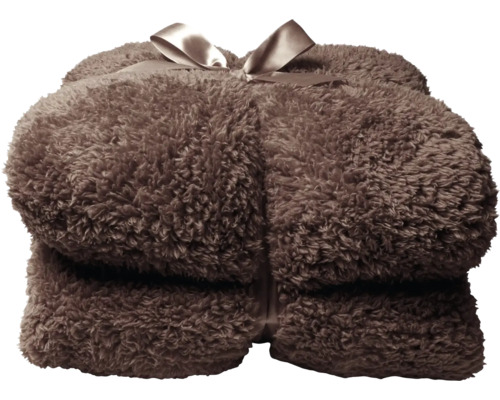 Opgevouwen, bruine teddy-woondeken van polyester met bijpassende strik.