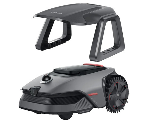 Mova robotmaaier met bijbehorende garage en LiDAR-navigatie voor gazononderhoud.