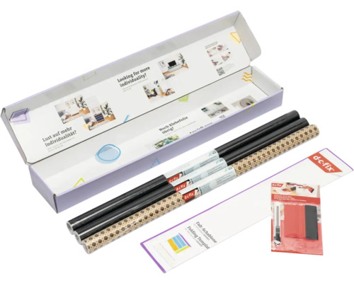 d-c-fix set met drie rollen plakfolie in zwart en rotanmotief, een vouwsjabloon en een applicatieset met rakel en cutter.
