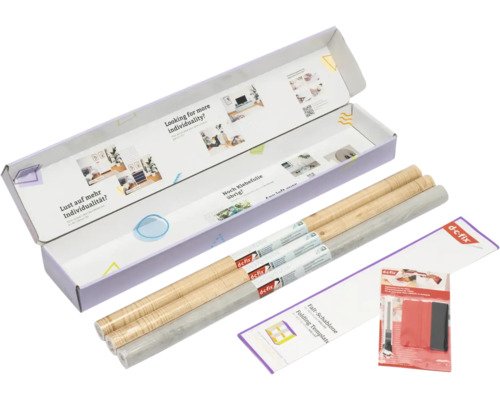 d-c-fix zelfklevende folieset voor kasten inclusief drie rollen decoratiefolie, vouwsjabloon en verwerkingsset met mes en rakel.
