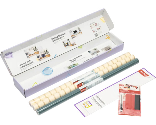 d-c-fix plakfolie set voor meubels inclusief twee rollen designfolie in groen en beige, rakel, snijmes en een vouwsjabloon in de verpakking.