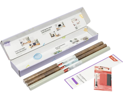 d-c-fix zelfklevende folieset voor meubels met twee rollen houtlook, een effen rol, vouwsjabloon en verwerkingsset met rakeltje en mesje.