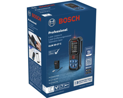 Bosch Professional Laserafstandsmeter GLM 50-27 C in verpakking met Bluetooth, 50 Meter bereik, inclusief beschermetui en accessoires.