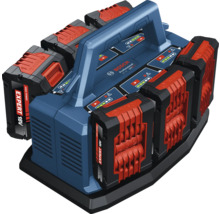 Bosch Professional 18 Volt multilader met zes accu's en handgreep.