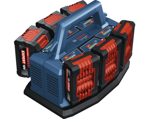 Bosch Professional 18 Volt multilader met zes accu's en handgreep.