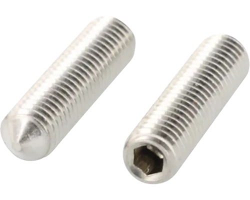 Twee metalen stelschroeven met binnenzeskant en punt.