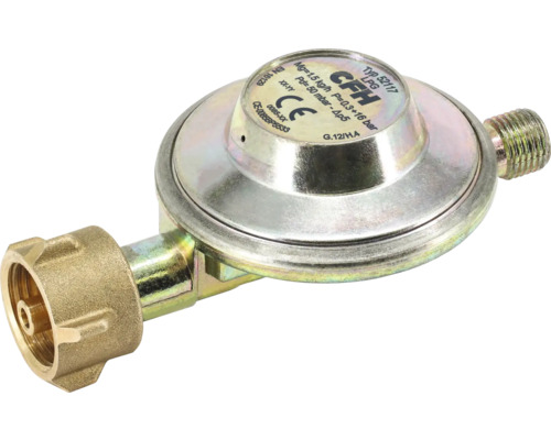 CFH gasdrukregelaar voor vloeibaar gas met 50 millibar, metalen constructie met schroefaansluitingen en europese conformiteit.