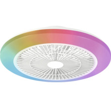 Moderne witte ronde plafondventilator met geïntegreerde verlichting en meerkleurige lichtring.
