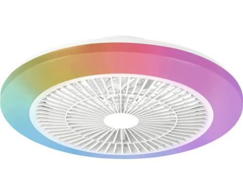 Moderne witte ronde plafondventilator met geïntegreerde verlichting en meerkleurige lichtring.