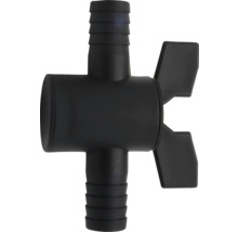 T-stuk slangverbinder van zwart kunststof met afsluitkraan en geribbelde aansluitingen.