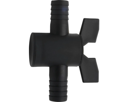 T-stuk slangverbinder van zwart kunststof met afsluitkraan en geribbelde aansluitingen.