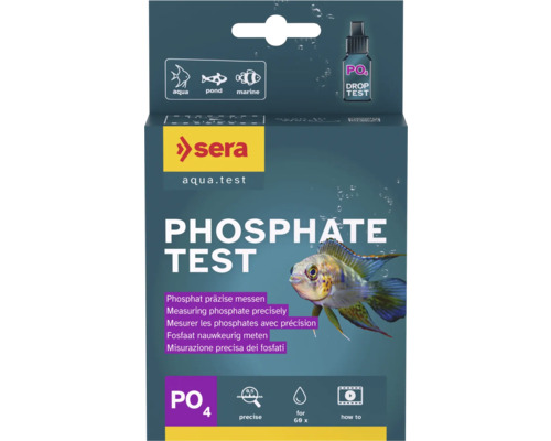 Sera Logo. Sera fosfaattest PO4 voor zoetwater, zeewater en vijvers, voor circa 60 metingen.