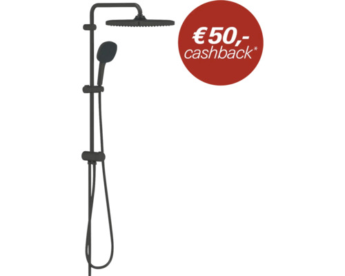 Douchesysteem met regendouchekop, handdouche en doucheslang in zwart en 50 euro cashback.