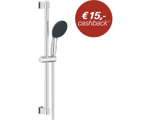 Doucheset bestaande uit handdouche, glijstang en doucheslang met een vermelding van 15 euro cashback.