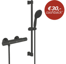 Zwarte doucheset met thermostaatkraan, douchestang, handdouche en slang met 30 Euro cashback-actie.