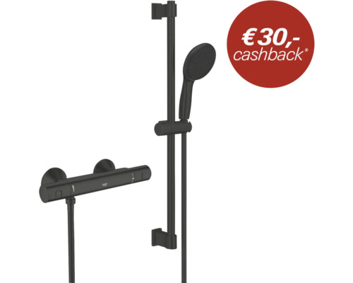 Zwarte doucheset met thermostaatkraan, douchestang, handdouche en slang met 30 Euro cashback-actie.