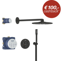 Zwarte inbouw douchesysteem set van GROHE met hoofddouche, handdouche, thermostaat, inbouwdelen, GROHE Logo en 100 euro cashback.