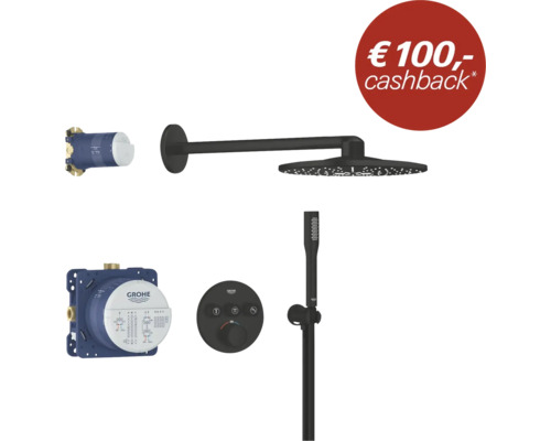 Zwarte inbouw douchesysteem set van GROHE met hoofddouche, handdouche, thermostaat, inbouwdelen, GROHE Logo en 100 euro cashback.