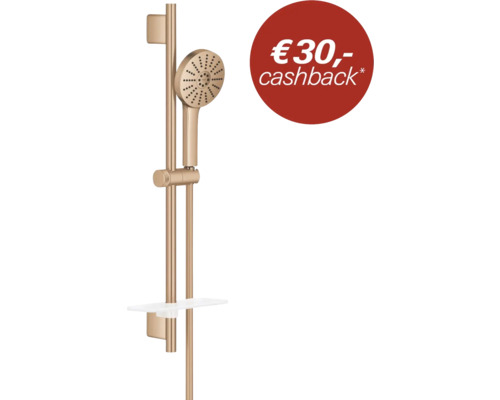 Doucheset met handdouche, glijstang en planchet in geborsteld goud met 30 Euro cashback actie.