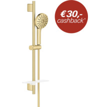Goudkleurige doucheset met handdouche, glijstang, doucheslang en planchet met 30 Euro cashback actie.
