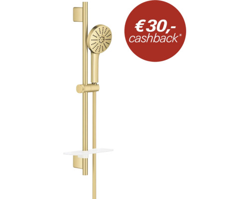 Goudkleurige doucheset met handdouche, glijstang, doucheslang en planchet met 30 Euro cashback actie.