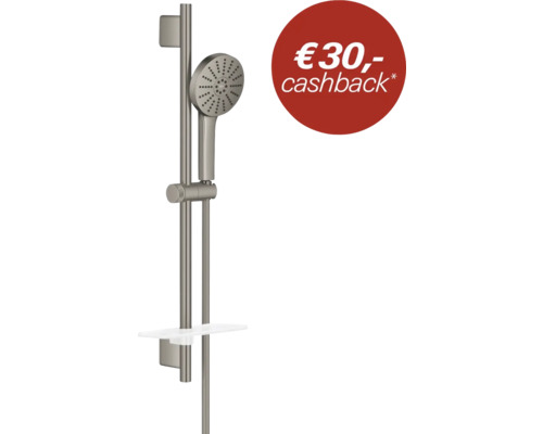 Doucheset met ronde handdouche, glijstang en planchet in geborsteld metaal. 30 Euro cashback actie.
