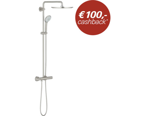 Roestvrijstalen douchesysteem met hoofddouche, handdouche en thermostaatkraan en 100 euro cashback actie.