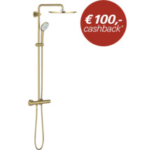 Douchesysteem in goudlook met hoofddouche, handdouche, douchestang en thermostaatkraan inclusief 100 euro cashback.