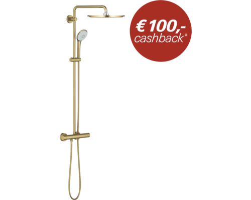 Douchesysteem in goudlook met hoofddouche, handdouche, douchestang en thermostaatkraan inclusief 100 euro cashback.