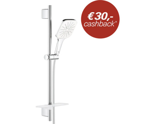 Grohe doucheset met vierkante handdouche, glijstang, doucheslang en planchet inclusief 30 Euro cashback actie.