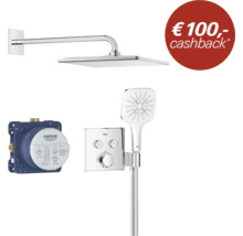 Grohe inbouw douchesysteem met vierkante hoofddouche, handdouche, thermostaat en inbouwdeel inclusief 100 euro cashback actie.