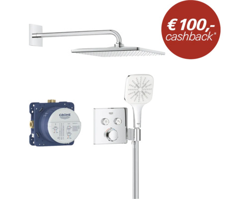 Grohe inbouw douchesysteem met vierkante hoofddouche, handdouche, thermostaat en inbouwdeel inclusief 100 euro cashback actie.