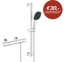 Douchesysteem met thermostaatkraan, verchroomde douchestang, slang en handdouche met zwarte douchekop. Grohe Logo. 30 euro cashback.