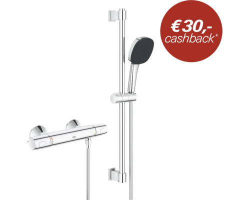 Douchesysteem met thermostaatkraan, verchroomde douchestang, slang en handdouche met zwarte douchekop. Grohe Logo. 30 euro cashback.