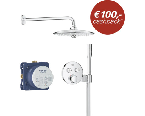 Grohe inbouw douchesysteem met hoofddouche, handdouche, thermostaatkraan en inbouwdeel inclusief 100 euro cashback actie.