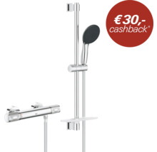 Grohe douchesysteem in chroom met thermostaatkraan, douchestang, handdouche en planchet. Inclusief 30 euro cashback actie.