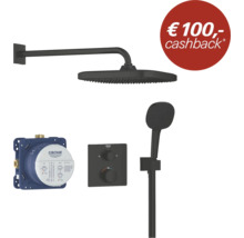 Grohe inbouw douchesysteem in zwart met hoofddouche, handdouche en thermostaat inclusief inbouwdeel en 100 euro cashback actie.