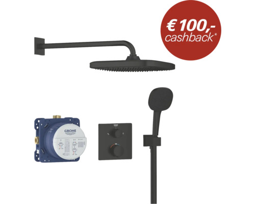 Grohe inbouw douchesysteem in zwart met hoofddouche, handdouche en thermostaat inclusief inbouwdeel en 100 euro cashback actie.
