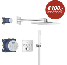 Grohe douchesysteem met vierkante regendouche, handdouche, inbouw thermostaat, Rapido SmartBox en 100 Euro cashback actie.