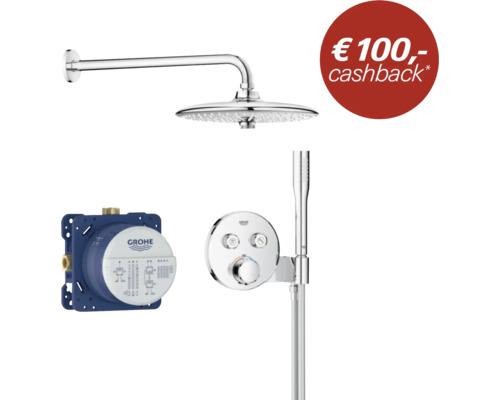 Grohe douchesysteem met hoofddouche, handdouche, thermostaatkraan en inbouwset, inclusief 100 Euro cashback actie.