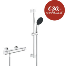 Grohe doucheset met thermostaatkraan, douchestang en handdouche en een melding van een 30 Euro cashback actie.
