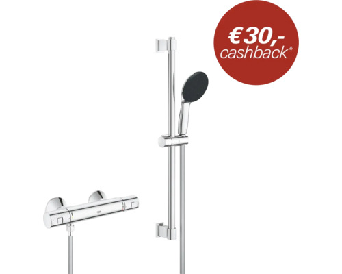 Grohe doucheset met thermostaatkraan, douchestang en handdouche en een melding van een 30 Euro cashback actie.