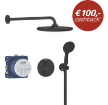 Grohe douchesysteem inbouw in mat zwart met regendouchekop, handdouche, thermostaat en inbouwdeel inclusief 100 euro cashback actie.