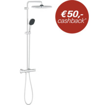 Verchroomd douchesysteem met regendouchekop, handdouche, thermostaatkraan en 50 euro cashback actie.