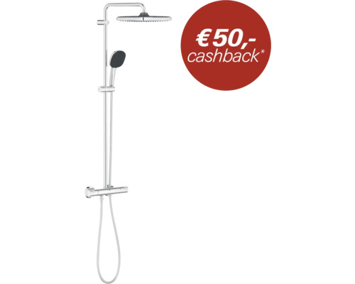 Verchroomd douchesysteem met regendouchekop, handdouche, thermostaatkraan en 50 euro cashback actie.