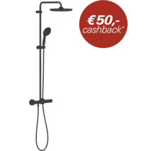 Mat zwart douchesysteem met hoofddouche, handdouche en thermostaatkraan en vermelding van 50 euro cashback-actie.